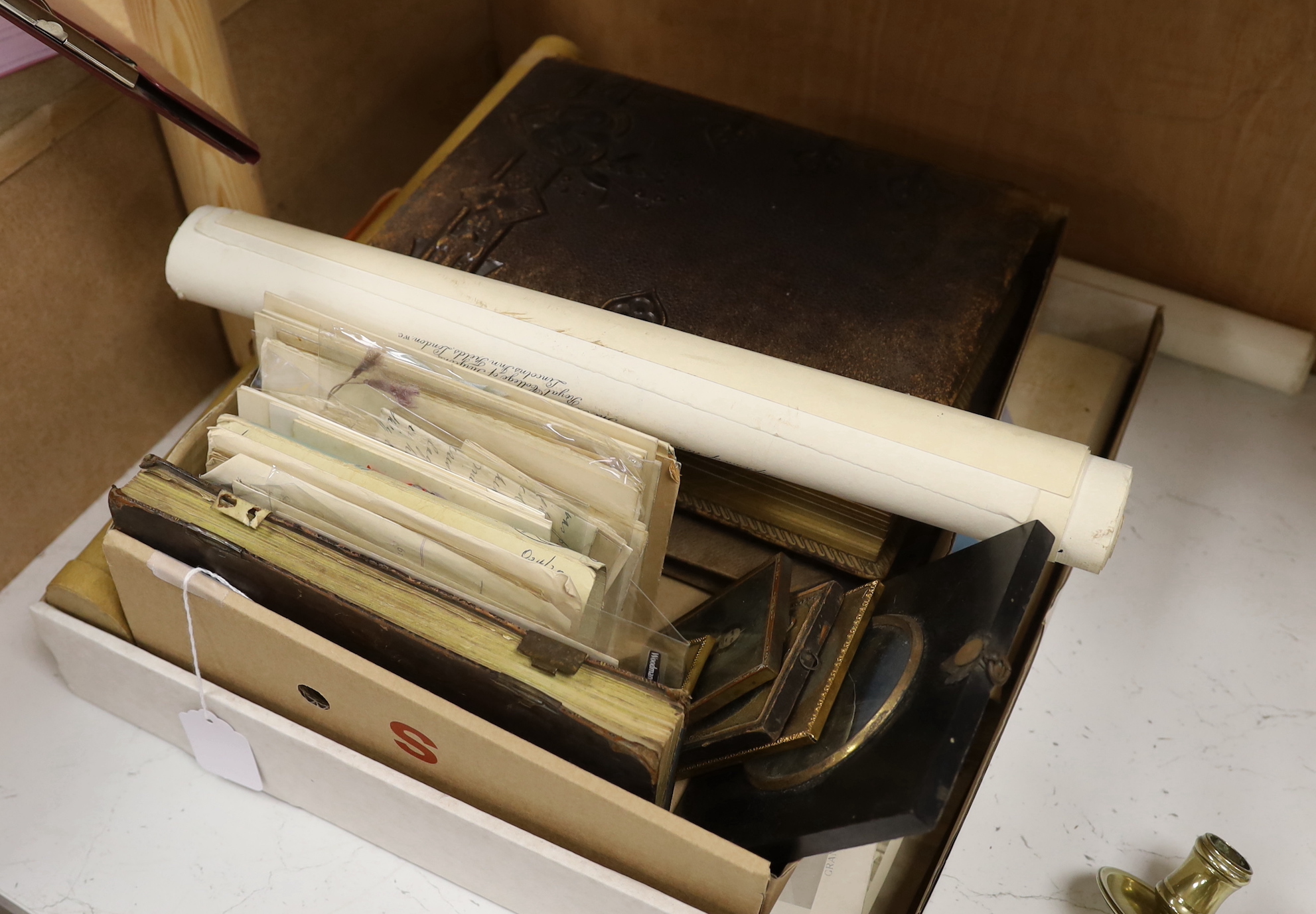 A quantity of mixed ephemera: ambrotypes, a leather photo album, military and royalty photographs, etc